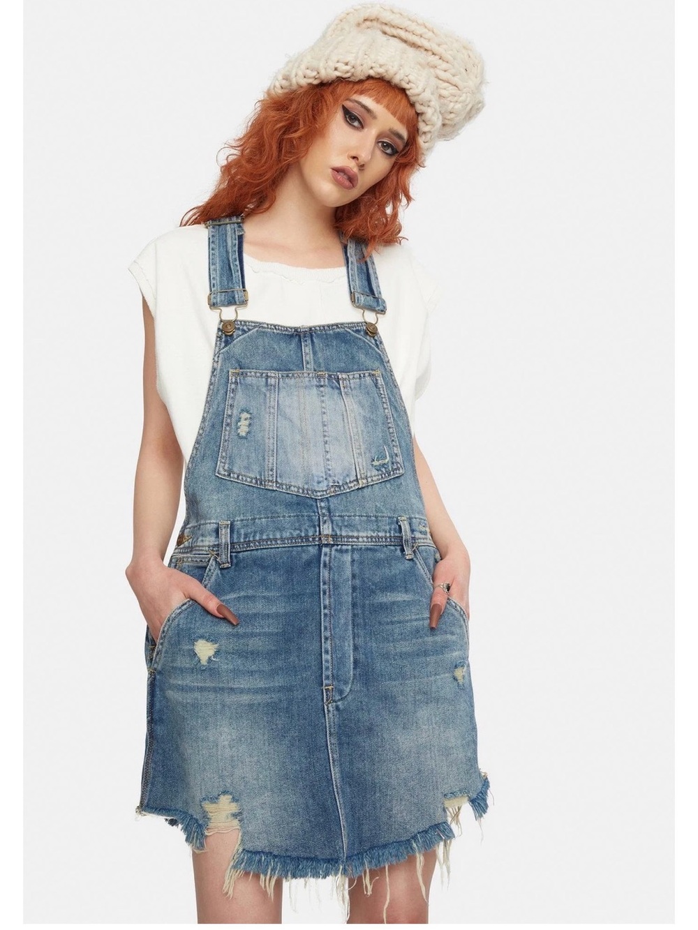 Free People Light Distressed Denim Overall Skirt